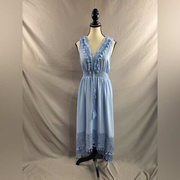 Tassel Shirred Sleeveless Asymmetrical Midi Dress Blue - Picture 5 of 8